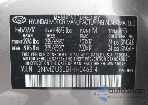 2017 Hyundai Santa Fe Sport 2.4L z USA, uszkodzony, nr VIN 5NMZU3LB1HH046314